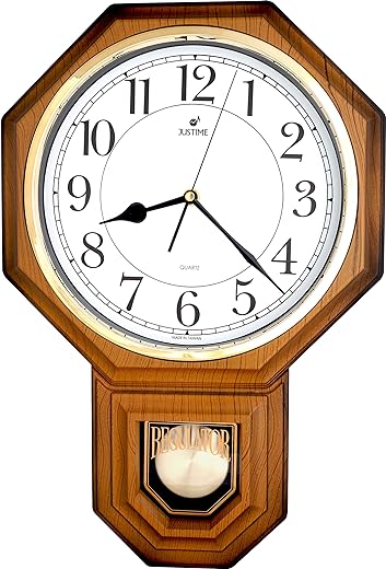 Traditional Schoolhouse Easy to Read Pendulum Plastic Wall Clock Chimes Every Hour with Westminster Melody Made in Taiwan, 4AA Batteries Included (PP0258-WLW Light Wood Grain)