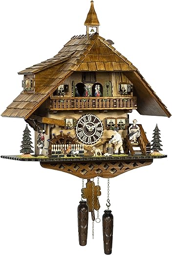 Trenkle Quartz Cuckoo Clock Black Forest House with Moving Wood Chopper and Mill Wheel, with Music TU 4259 QMT HZZG