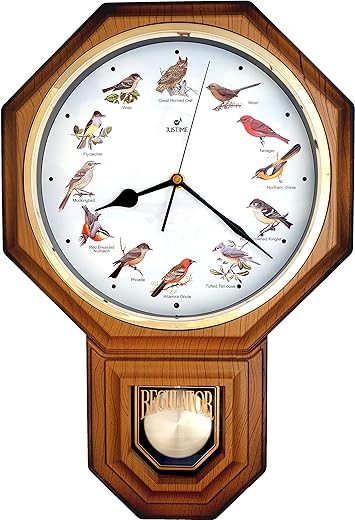 Unique 12 North America Bird's Song Schoolhouse Pendulum Wall Clock Chimes Every Hour Melody Made in Taiwan (TCBD-PP-OW-LW Light Wood)