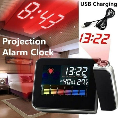 USB LED Display Projection Alarm Clock Snooze Function Weather Temperature Thermometer Humidity Table Projector Alarm Clock Home Decor