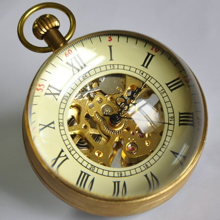 VIGOROSO Big Pocket Watch Mechanical Movement Ball Glass Brass Antique Vintage Watch Desk Table Stand Clock Collection Gift