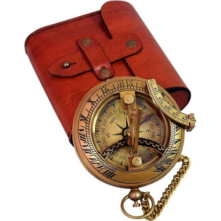 Vintage Brass Sundial Compass with Leather Case - Antique Brass & Copper Sun Clock for Camping, Hiking, Touring - Engraved Gift for Him - Nautical Ship Replica Watch - Sundial Clock in Box