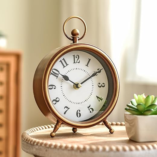 Vintage Small Table Clock on Stand, Decorative Desk and Shelf Clock Farmhouse Mantel Non-Ticking Clock Rustic Metal Frame with Antique Gold Finish 9.3 Inch