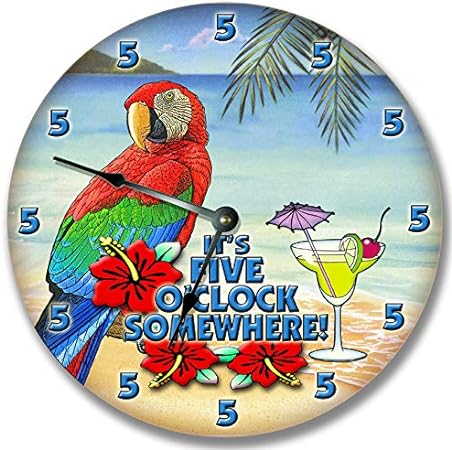 Vintage Wood Hanging Wall Clock 5 O'Clock Somewhere Wall Clock Round Beach House Decor Bar House Warming Gift Parrot Martini New House Present Modern Cool 12 Inch Battery Operated Clock