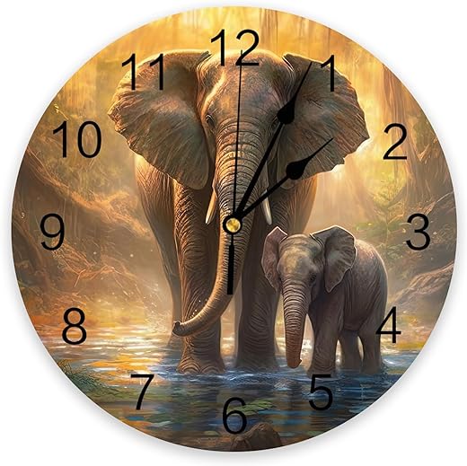 Wall Clock 10 Inch Silent Non-Ticking, Elephant Round Decorative Clock for Living Room Bedroom Kitchen School Easy to Read Battery Operated Mute Clock