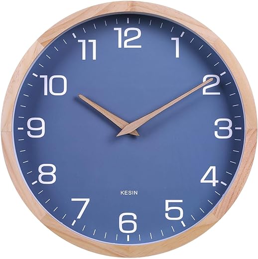 Wall Clock 12 Inch Silent Non Ticking Wood Wall Clocks Battery Operated - Wooden Blue Modern Simple Clock Decorative for Kitchen,Living Room,Bedroom,Kid’s Room