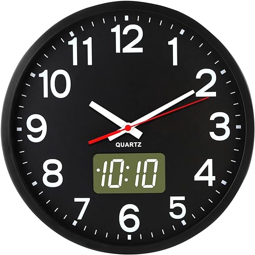 Wall Clocks Battery Operated,12'' Silent Wall Clock, Analog and Digital, LED/LCD Digits Display