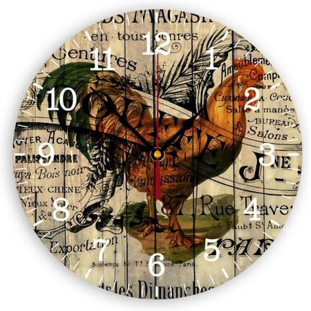 Wall Clocks French Barn Wood Grain Western Country Farmhouse Rooster Classic Silent Alarm Clock For Living Room Bedroom Kitchen Office Classroom School Decor 10Inch