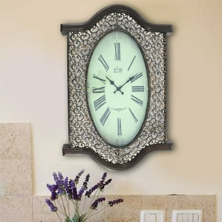 Wall Clock with Scalloped Wooden Top and Bottom in Brown