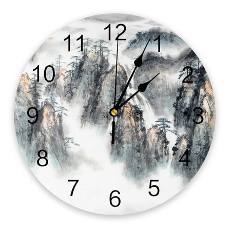 Watch Table Clocks Print Clock Round Digital Room Living Decor Wall Clock Mute PVC Painting Ink Painting Landscape Style Chinese