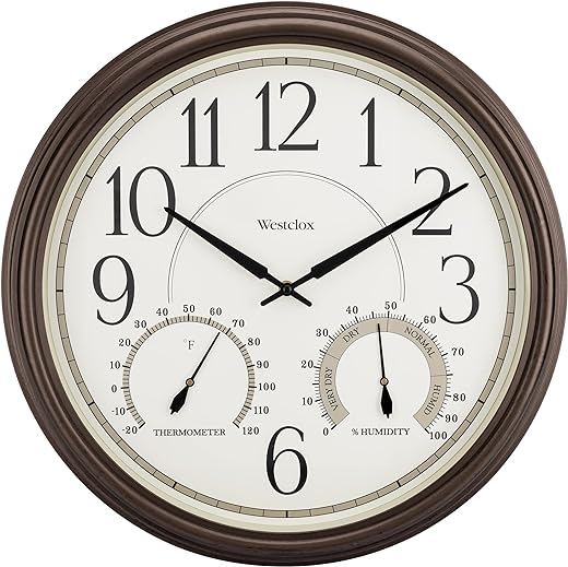 Westclox Clocks 20” Indoor/Outdoor Wall Clock with Temperature and Humidity Display