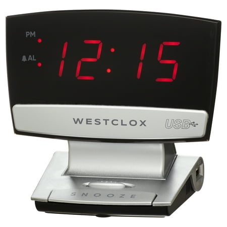 Westclox Silver and Black Electric Digital Desk or Night Table Alarm Clock with USB Charging Port – Model 71014X