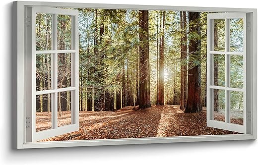 Window Forest Wall Art Canvas: Nature Painting Sunrise Landscape Print Living Room Bedroom Scenery Picture Relaxing Large Wilderness Artwork Decor for Home Office