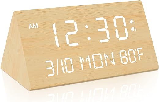 Wooden Digital Alarm Clock, 0-100% Dimmer, 2 Alarm Settings, Weekday/Everyday Mode, 9 Mins Snooze, 12/24H, Temperature and Date Display for Office, Travel, Bedroom Alarm Clock (Bamboo)