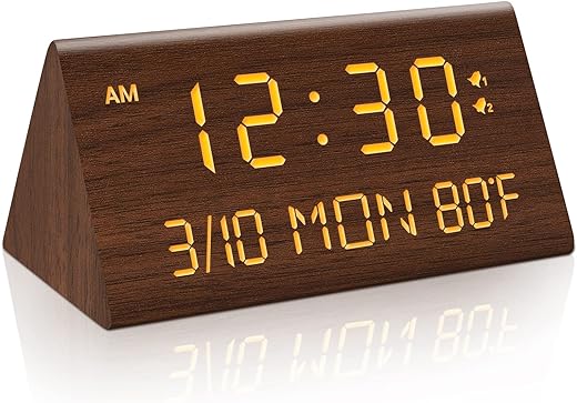 Wooden Digital Alarm Clock, 0-100% Dimmer, 2 Alarm Settings, Weekday/Everyday Mode, 9 Mins Snooze, 12/24H, Temperature and Date Display for Office, Travel, Bedroom Alarm Clock (Brown)