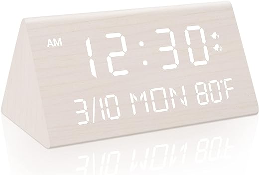 Wooden Digital Alarm Clock, 0-100% Dimmer, 2 Alarm Settings, Weekday/Everyday Mode, 9 Mins Snooze, 12/24H, Temperature and Date Display for Office, Travel, Bedroom Alarm Clock (White)