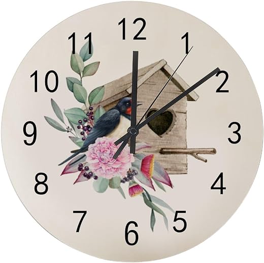 Wood Wall Clocks Battery Operated Silent Non-Ticking Swallow Bird Birdhouse Floral Round Accurate Bathroom Clock Living Room Kitchen Bedroom Office Decor 12Inch