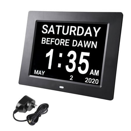 Yescom 8inch Large Digital LCD Day Clock 8 Alarm Dimmable Calendar for Elderly Dementia Wall Black