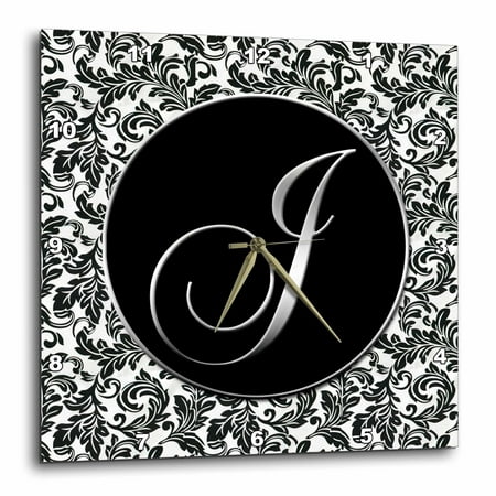 3dRose Letter J - Black and White Damask - Wall Clock, 13 by 13-inch