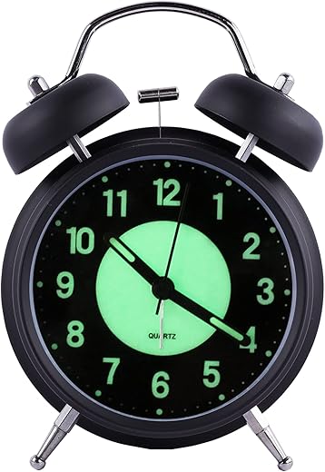 4 Analog Luminous Alarm Clock Twin Bell Silent Non-Ticking Quartz Battery Operated Loud with Backlight for Bedside Table Vintage Retro Style, Decorative Desk Clock