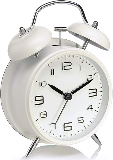 4 inch Twin Bell Alarm Clock, Metal Frame 3D Dial with Backlight Function, Desk Table Clock for Home and Office (White)