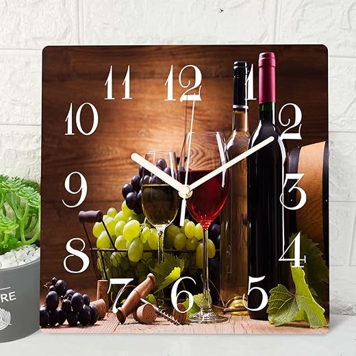 ArtSocket Wooden Wall Clock Silent Non-Ticking, Red Wine Grapes Farmhouse Modern Square Rustic Wall Clocks Decor for Home Kitchen Living Room Office, Battery Operated(12 Inch)