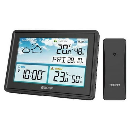 BALDR Home Weather Station & Indoor Outdoor Thermometer with Wireless Remote Sensor, Atomic Alarm Clock, Calendar, Humidity Monitor,& Weather Forecast & Digital Weather Station in LCD Display (Black)