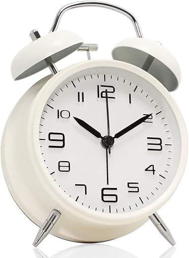 Betus [Non-Ticking Twin Bell Alarm Clock - Metal Frame 3D Dial with Backlight Function - Desk Table Clock for Home & Office - Milk White