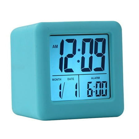 Blue Soft Cube Lcd Alarm Clock With Smart Light With Silicone Protective