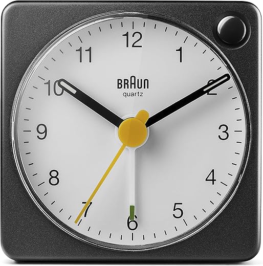 Braun Classic Travel Analogue Alarm Clock with Snooze and Light, Compact Size, Quiet Quartz Movement, Crescendo Beep Alarm in Black and White, Model BC02XBW.