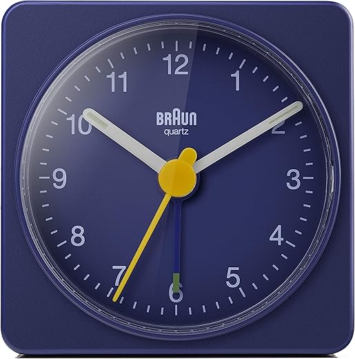 Braun Classic Travel Analogue Clock, Compact Size, Quiet Quartz Movement, Crescendo Beep Alarm in Blue, Model BC02BL, One