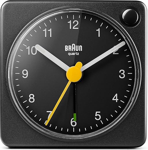 Braun Classic Travel Analogue Clock with Snooze and Light, Compact, Quiet Quartz Movement, Crescendo Beep Alarm in Black, Model BC02XB, One Size