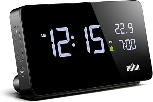 Braun Digital Alarm Clock with LCD Display, 2X USB-C ports for charging of other devices, Time and Date Display, Touch Snooze, Quick Set, in Black, model BC20B.