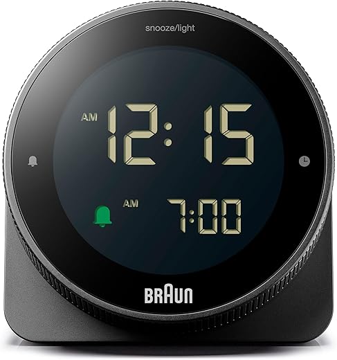 Braun Digital Alarm Clock with Snooze, Negative LCD Display, Rotating bezel for quick time setting, Crescendo Beep Alarm in Black, model BC24B.