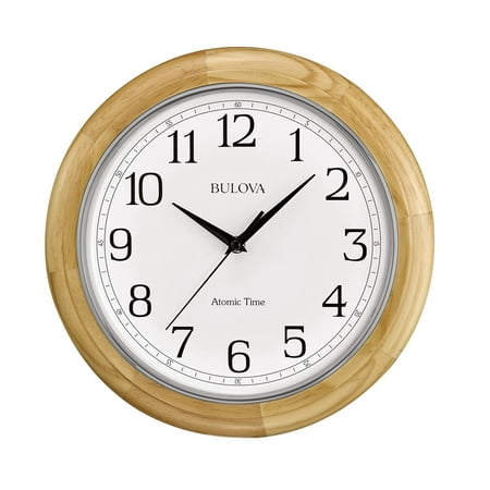 Bulova Wooden Atomic analog wall clock, C5005 Atomic Time 2, sets automatically, quartz battery.