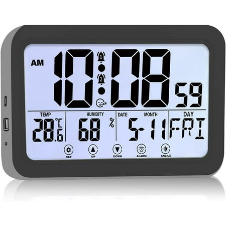 Digital Clock, with Calendar, Temperature and Humidity Detection, Large LED Display Alarm Clock, Desktop Digital Clock Thermometer, Wall Clock for Home and Office, Black