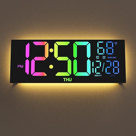 Digital Wall Clock Large Display, 13" Large Digital Wall Clock with RGB Color Changing Remote Control, Automatic Brightness Dimmer Big Clock with Night Lights, Auto DST, Date Week,Temperature