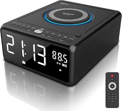 Gelielim Boombox CD Player Alarm Clock, Digital FM Radio, Bluetooth CD Player with Remote, 10W Wireless Charging, Headphone Jack,USB & AUX Ports, Dimmable LED Display, Small CD Players for Home