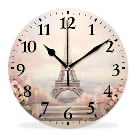 generic 10 inch Round Wall Clock,Eiffel Tower Beautiful Rose Street Multicolor,Silent Non Ticking Wall Clocks for Living Room Kitchen Bedroom