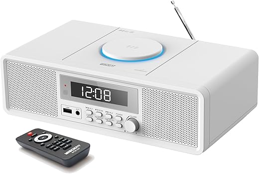 Home Stereo System, Premium 20W RMS Sound System, Compact CD Player with Bluetooth, Dual Alarm Clock, USB, FM Radio, AUX, Snooze & Sleep Timer, CD Players for Home