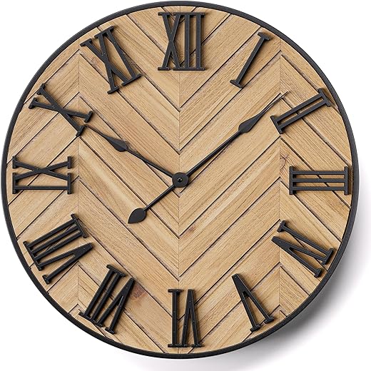 Large Wall Clock 16" Round - Silent Metal & Wood Large Clock - Farmhouse Wall Clock Large - 16 Inch Wall Clock For Living Room Decor - Big Wall Clock Roman Numerals - Wall Clocks For Living Room Decor