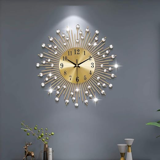 Large Wall Clocks for Living Room Decor Modern Gold Silent Wall Clock Battery Operated Non-Ticking for Bedroom Kitchen Home Decorative 14 Inch Round Metal Crystal Wall Watch for Office