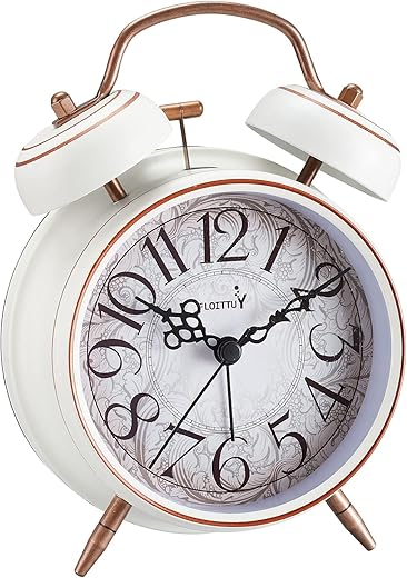 Loud Alarm for Deep Sleepers 4'' Retro Twin Bell Alarm Clock with Backlight for Bedroom and Home Decoration(Retro White)