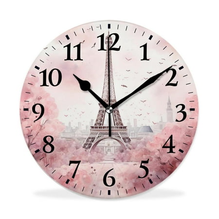 MEOSLZUT 10 inch Round Wall Clock,Eiffel Tower Rose Flower Vintage Elegant Design,Silent Non Ticking Wall Clocks for Living Room Kitchen Bedroom