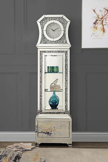 Mirrored Floor Clock with Glass Display Shelves, LED Lights and Faux Diamonds, Curio Cabinet Style Grandfather Clock with Storage for Home Decor