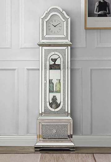 Mirrored Grandfather Floor Clock with Glass Display Shelves, LED Lights and Faux Diamonds, Curio Cabinet Style Clock with Storage for Home Decor