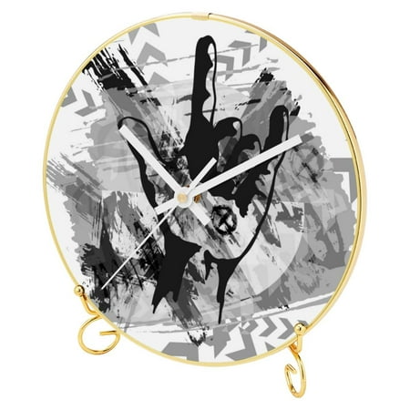 OWNTA Heavy Metal Hand Pattern Round Printed Wall Clocks with Hooks and Gold Stand: Silent, Non-Ticking Timepieces for Stylish and Peaceful Settings