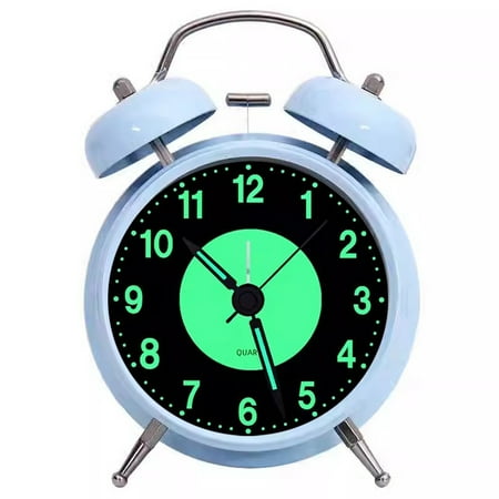 Retro Metal Twin Bell Alarm Clock with Backlight Luminous Dial Silent Non-Ticking Quartz Analog Desk Clocks Night Light 3-inch Blue