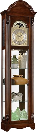 Ridgeway Howard Miller Clarksburg Curio Floor Clock 2041 – Country Maple Finish Wood Frame, Three Glass Shelves, Interior Light, Vertical Home Decor, Quartz Movement