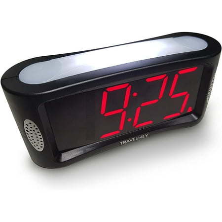 Travelwey Digital Alarm Clock - Outlet Powered, No Frills Simple Operation, Large Night Light, Alarm, Snooze, Full Range Brightness Dimmer, Big Red LED Digit Display, Black